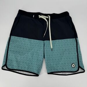 Vuori Banks Boardshorts 32 Blue Teal Geo Print Stretch Swim Trunks
